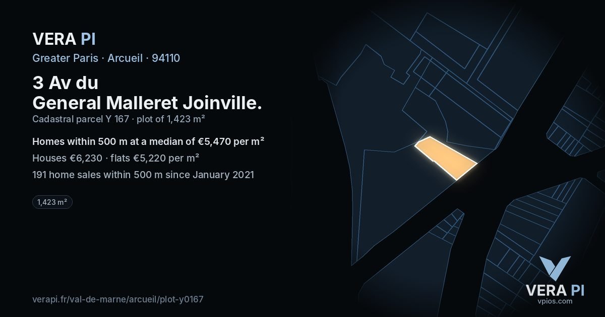 3 Av du General Malleret Joinville, Arcueil at night – the plot lit, the parcels around coloured by the prices near them