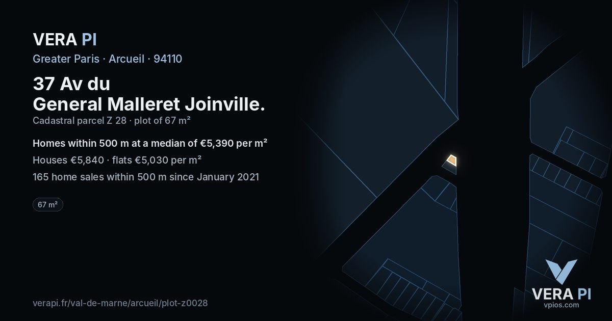 37 Av du General Malleret Joinville, Arcueil at night – the plot lit, the parcels around coloured by the prices near them