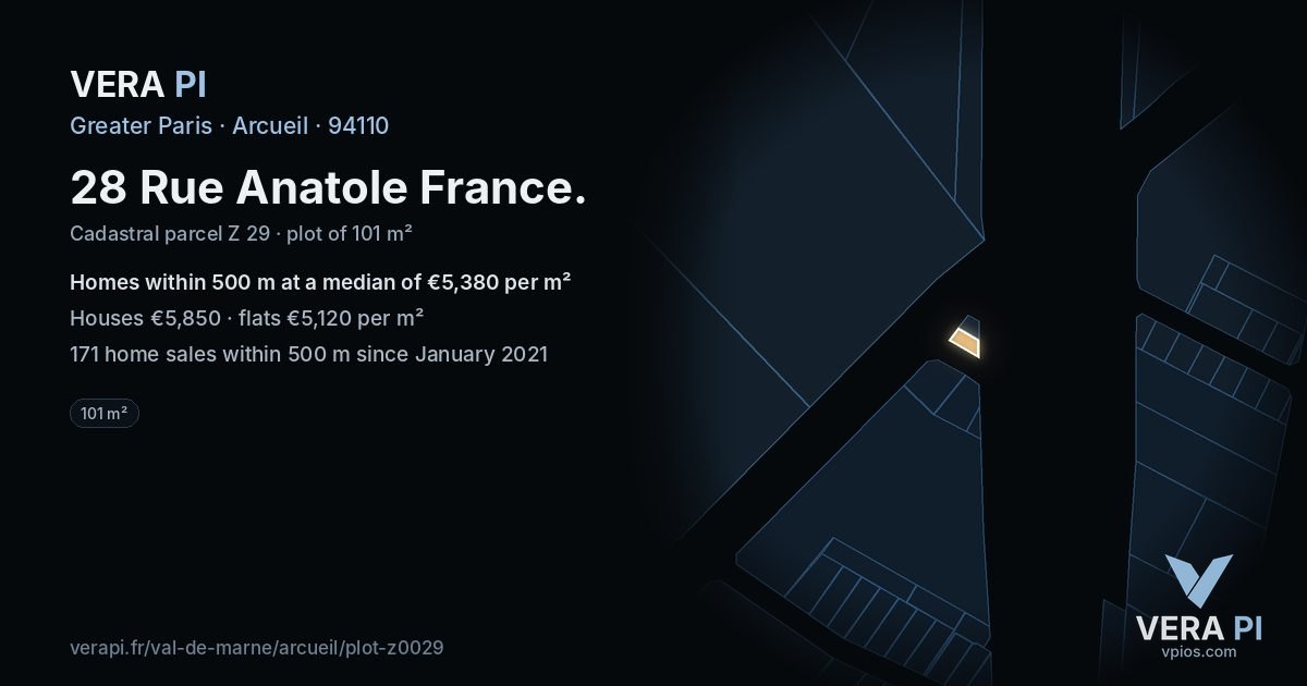 28 Rue Anatole France, Arcueil at night – the plot lit, the parcels around coloured by the prices near them