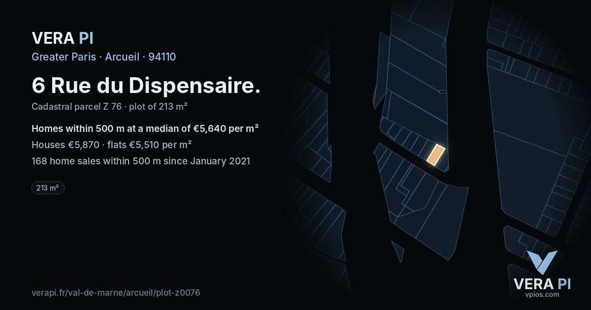 6 Rue du Dispensaire, Arcueil at night – the plot lit, the parcels around coloured by the prices near them