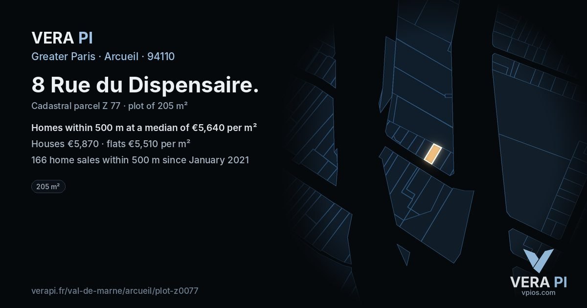 8 Rue du Dispensaire, Arcueil at night – the plot lit, the parcels around coloured by the prices near them