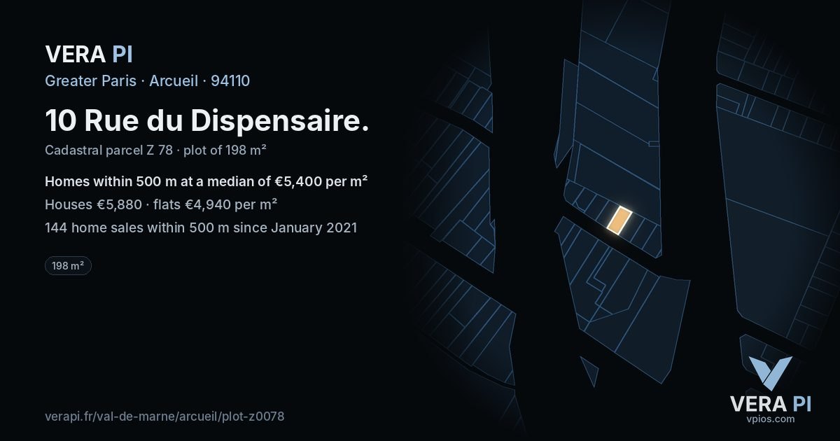 10 Rue du Dispensaire, Arcueil at night – the plot lit, the parcels around coloured by the prices near them