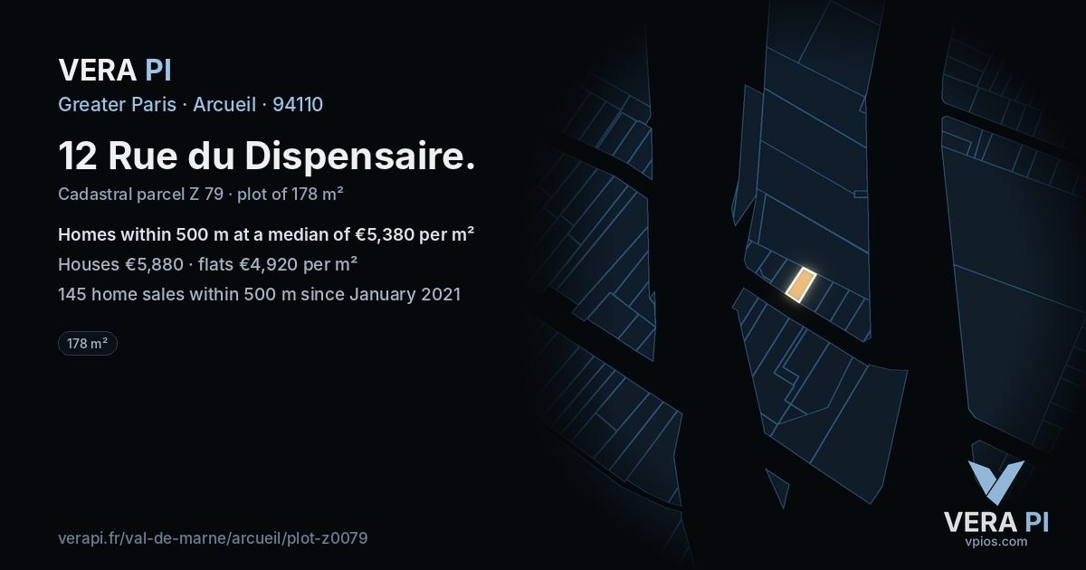 12 Rue du Dispensaire, Arcueil at night – the plot lit, the parcels around coloured by the prices near them