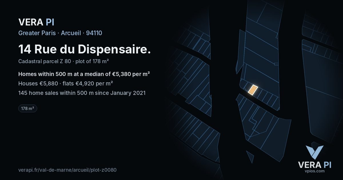 14 Rue du Dispensaire, Arcueil at night – the plot lit, the parcels around coloured by the prices near them