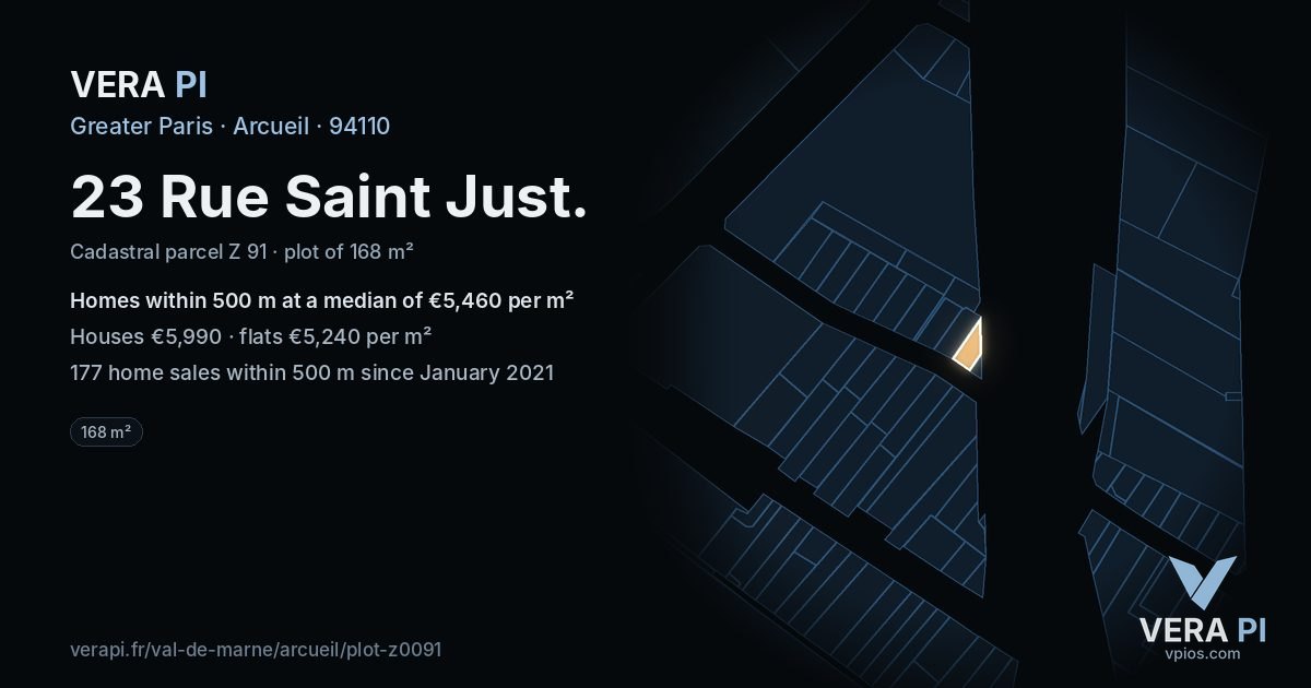 23 Rue Saint Just, Arcueil at night – the plot lit, the parcels around coloured by the prices near them