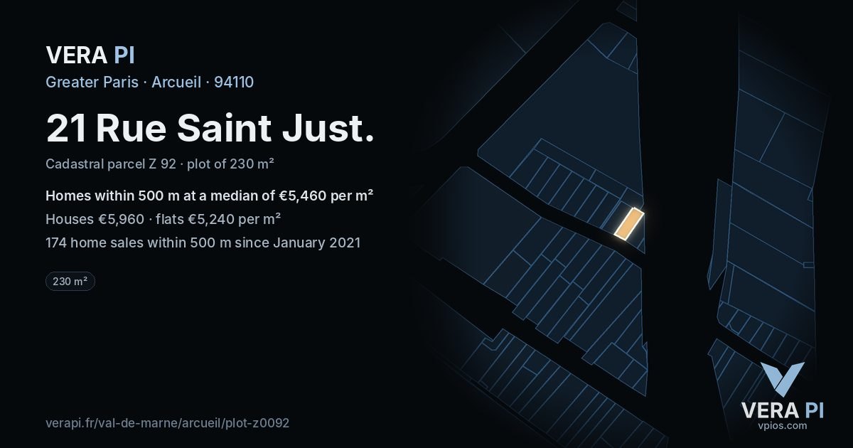 21 Rue Saint Just, Arcueil at night – the plot lit, the parcels around coloured by the prices near them