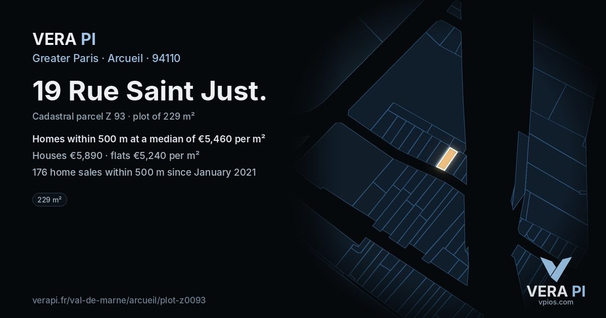 19 Rue Saint Just, Arcueil at night – the plot lit, the parcels around coloured by the prices near them