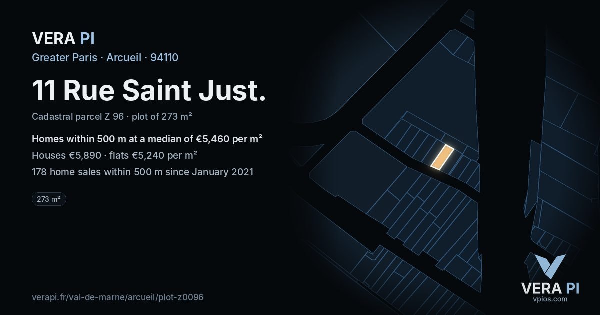 11 Rue Saint Just, Arcueil at night – the plot lit, the parcels around coloured by the prices near them