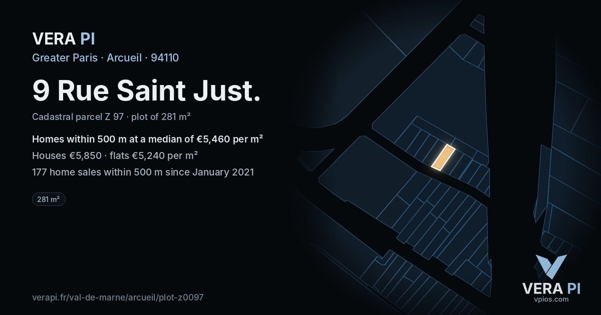 9 Rue Saint Just, Arcueil at night – the plot lit, the parcels around coloured by the prices near them