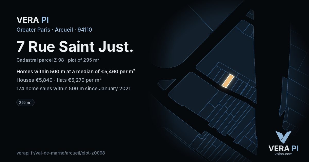 7 Rue Saint Just, Arcueil at night – the plot lit, the parcels around coloured by the prices near them