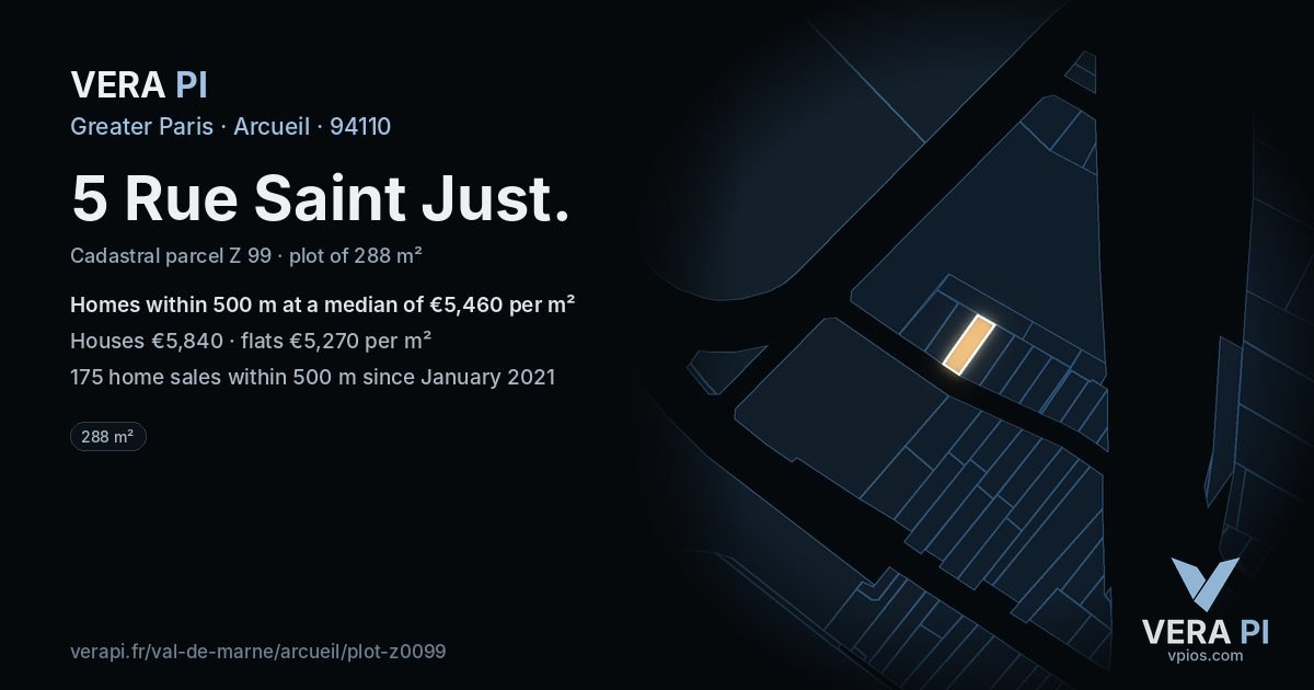 5 Rue Saint Just, Arcueil at night – the plot lit, the parcels around coloured by the prices near them