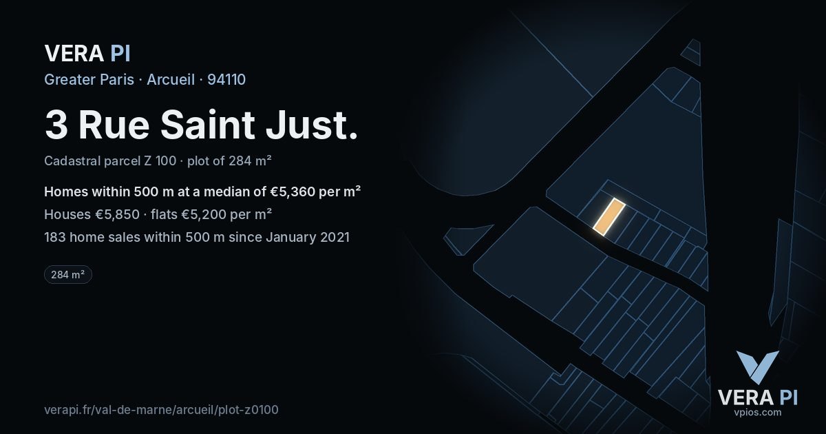 3 Rue Saint Just, Arcueil at night – the plot lit, the parcels around coloured by the prices near them