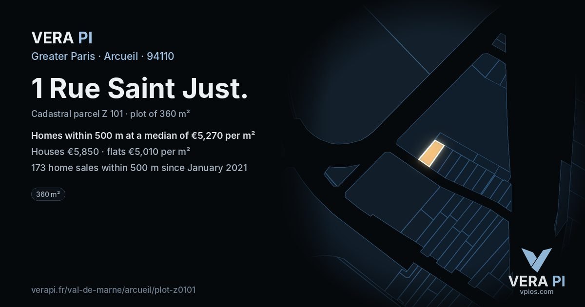 1 Rue Saint Just, Arcueil at night – the plot lit, the parcels around coloured by the prices near them