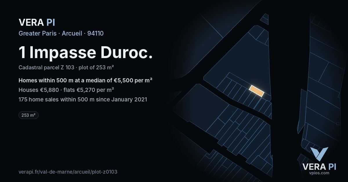 1 Impasse Duroc, Arcueil at night – the plot lit, the parcels around coloured by the prices near them