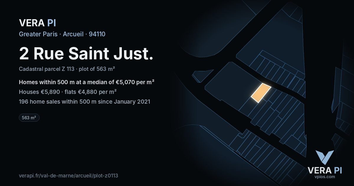 2 Rue Saint Just, Arcueil at night – the plot lit, the parcels around coloured by the prices near them