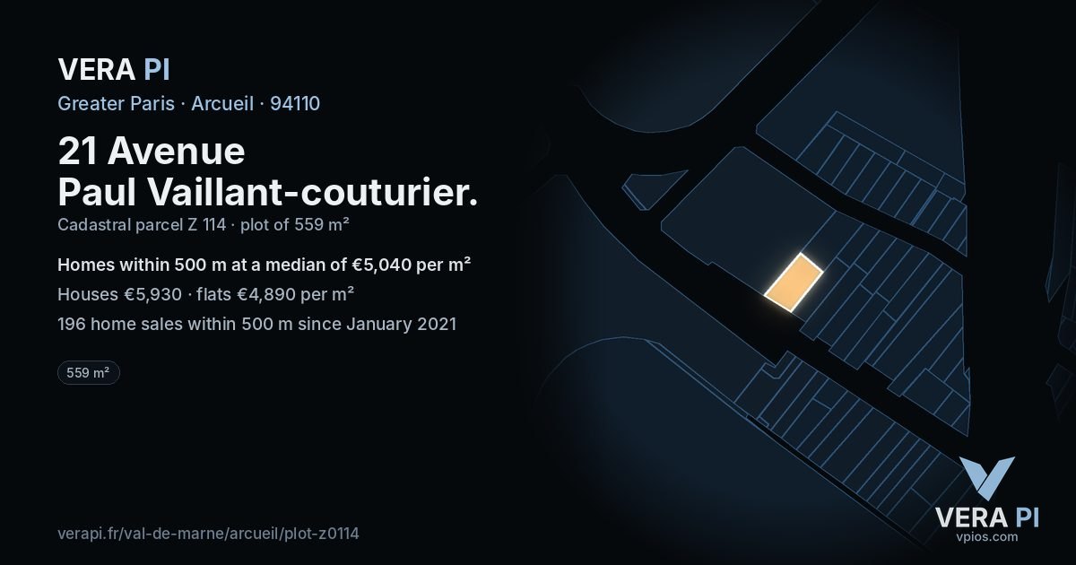 21 Avenue Paul Vaillant-couturier, Arcueil at night – the plot lit, the parcels around coloured by the prices near them