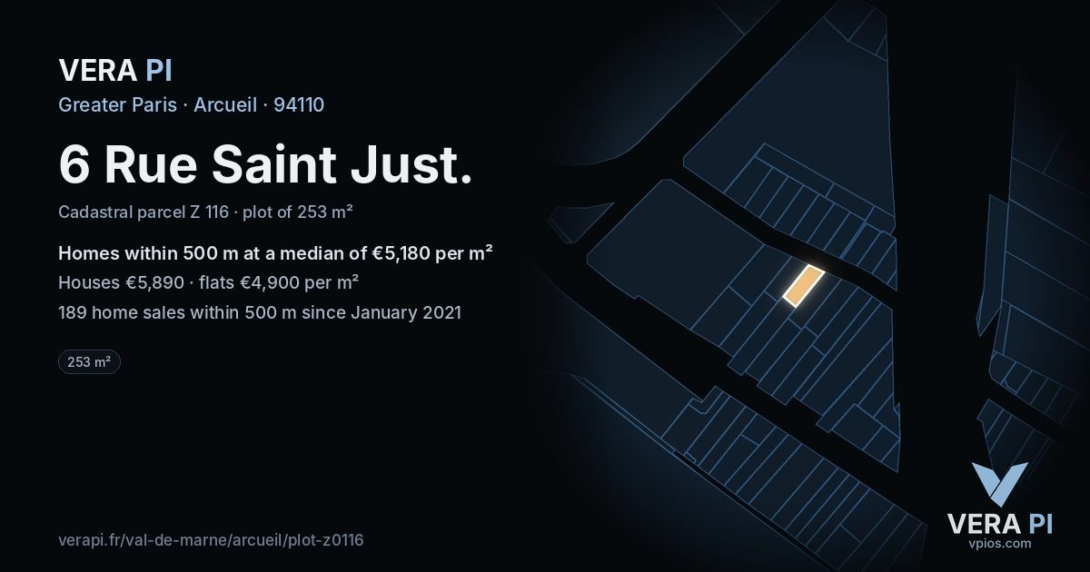 6 Rue Saint Just, Arcueil at night – the plot lit, the parcels around coloured by the prices near them