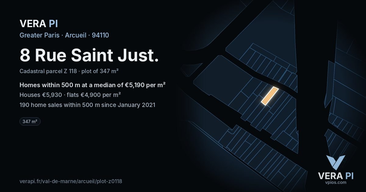 8 Rue Saint Just, Arcueil at night – the plot lit, the parcels around coloured by the prices near them