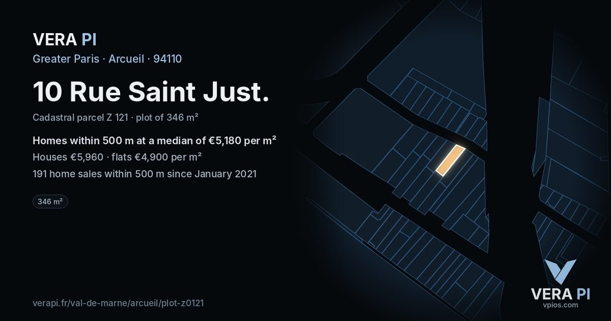 10 Rue Saint Just, Arcueil at night – the plot lit, the parcels around coloured by the prices near them