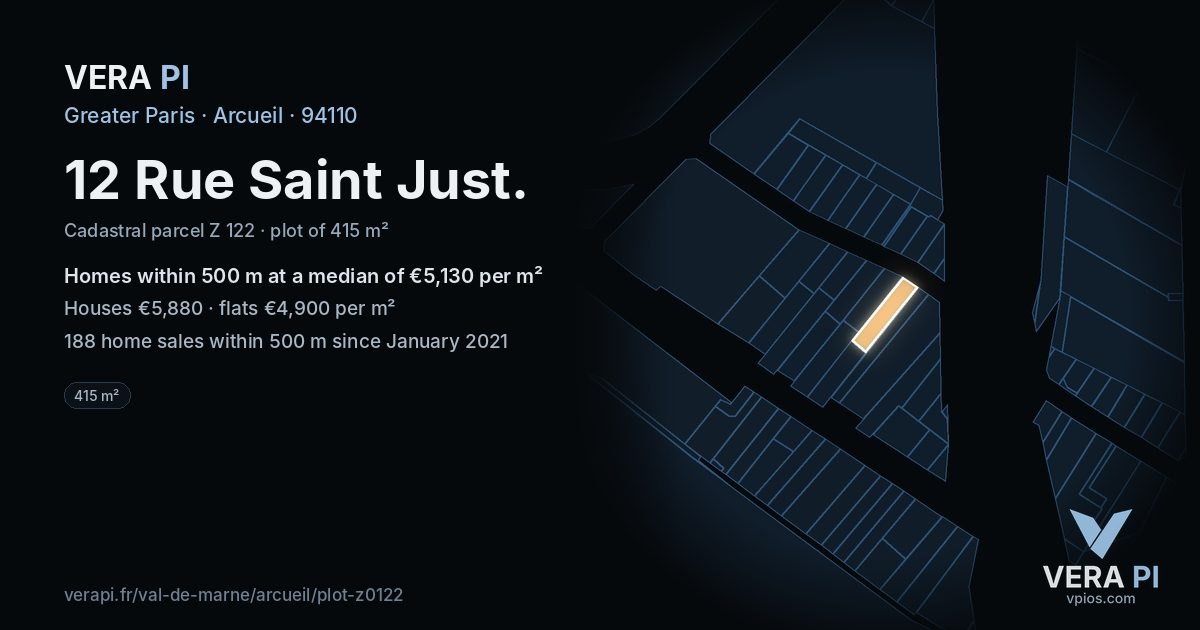 12 Rue Saint Just, Arcueil at night – the plot lit, the parcels around coloured by the prices near them