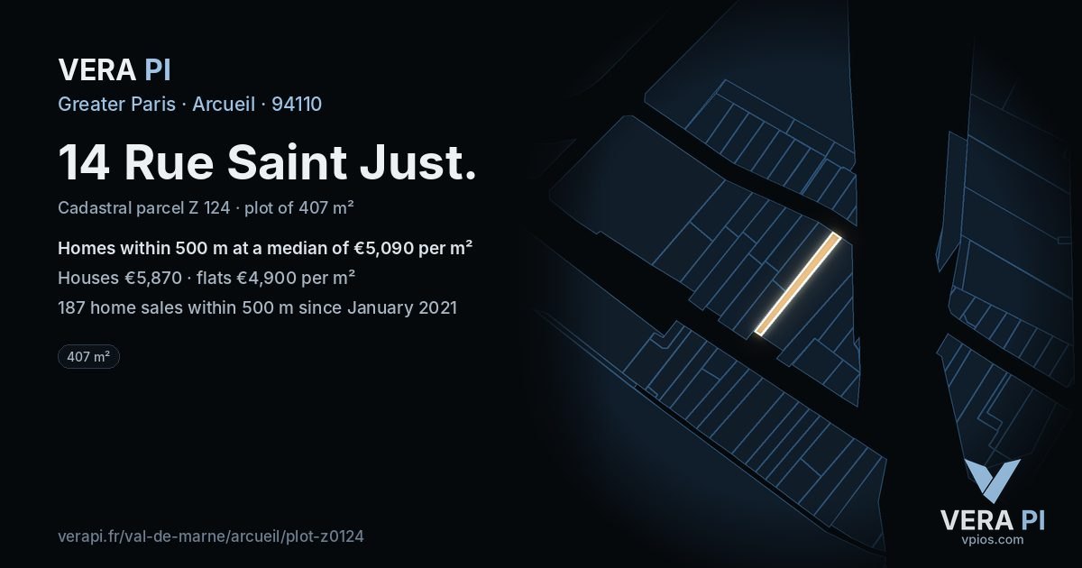 14 Rue Saint Just, Arcueil at night – the plot lit, the parcels around coloured by the prices near them