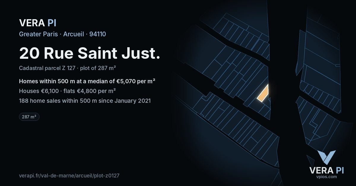 20 Rue Saint Just, Arcueil at night – the plot lit, the parcels around coloured by the prices near them