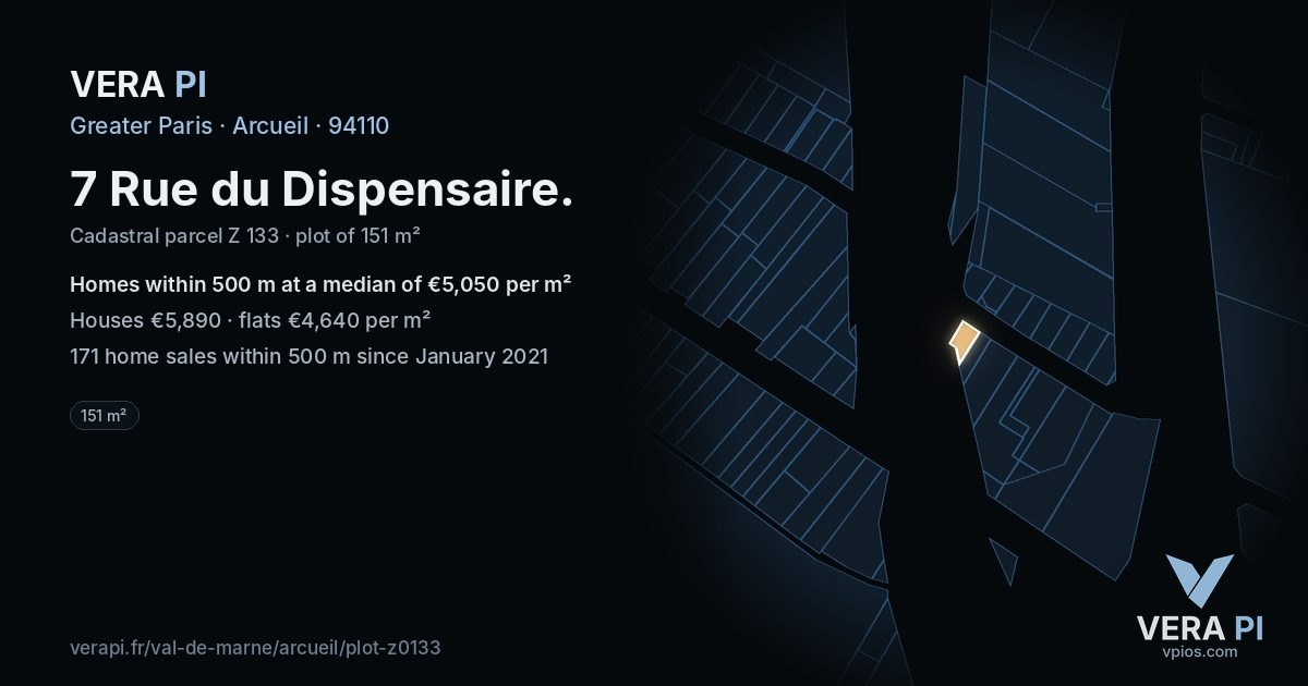 7 Rue du Dispensaire, Arcueil at night – the plot lit, the parcels around coloured by the prices near them