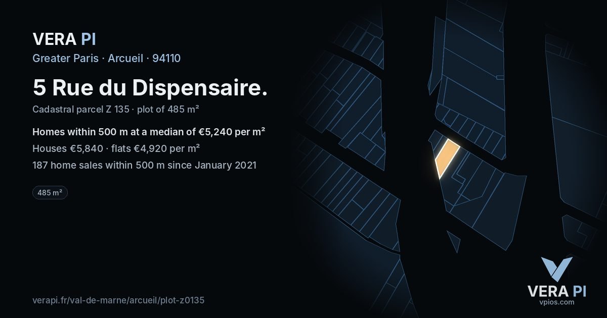 5 Rue du Dispensaire, Arcueil at night – the plot lit, the parcels around coloured by the prices near them