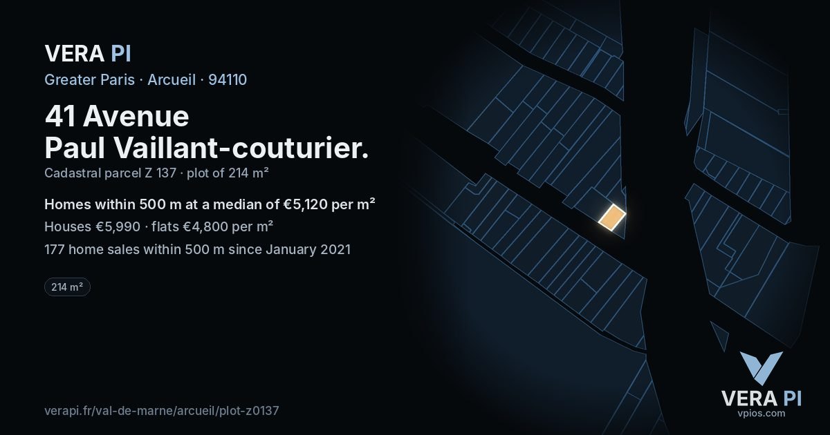 41 Avenue Paul Vaillant-couturier, Arcueil at night – the plot lit, the parcels around coloured by the prices near them