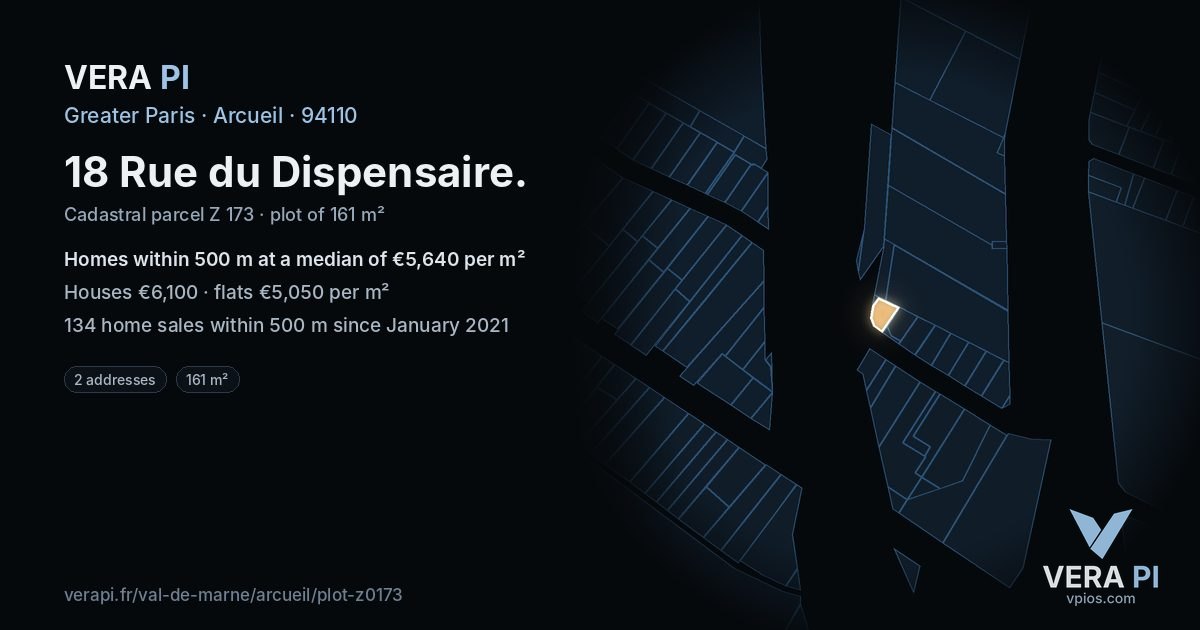 18 Rue du Dispensaire, Arcueil at night – the plot lit, the parcels around coloured by the prices near them