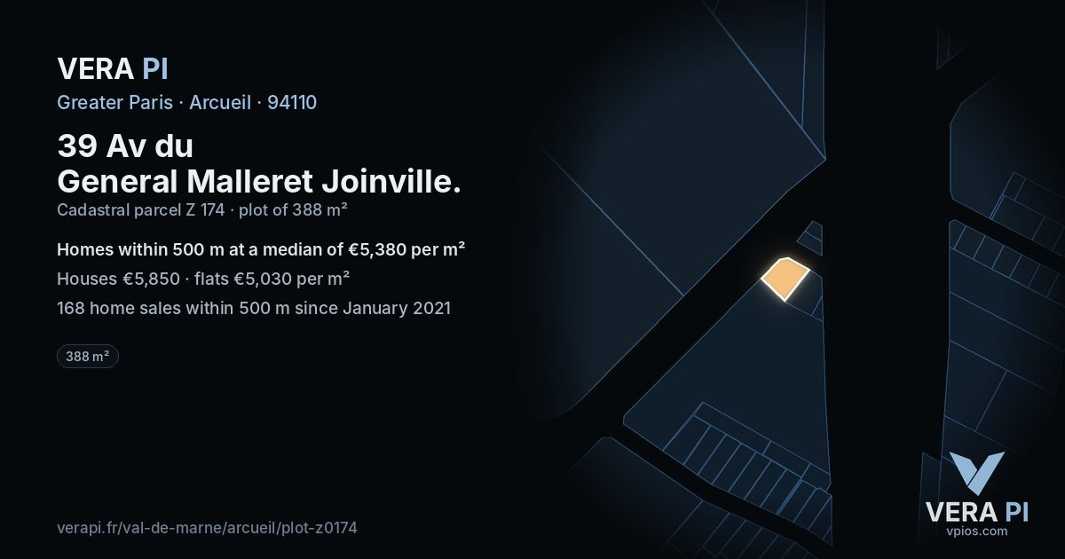 39 Av du General Malleret Joinville, Arcueil at night – the plot lit, the parcels around coloured by the prices near them