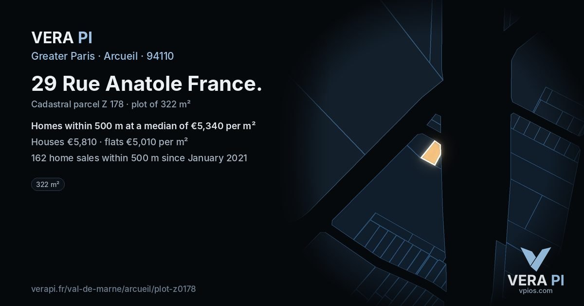 29 Rue Anatole France, Arcueil at night – the plot lit, the parcels around coloured by the prices near them