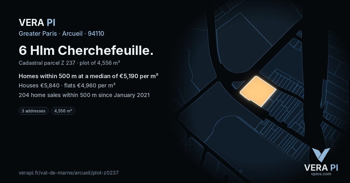 6 Hlm Cherchefeuille, Arcueil at night – the plot lit, the parcels around coloured by the prices near them