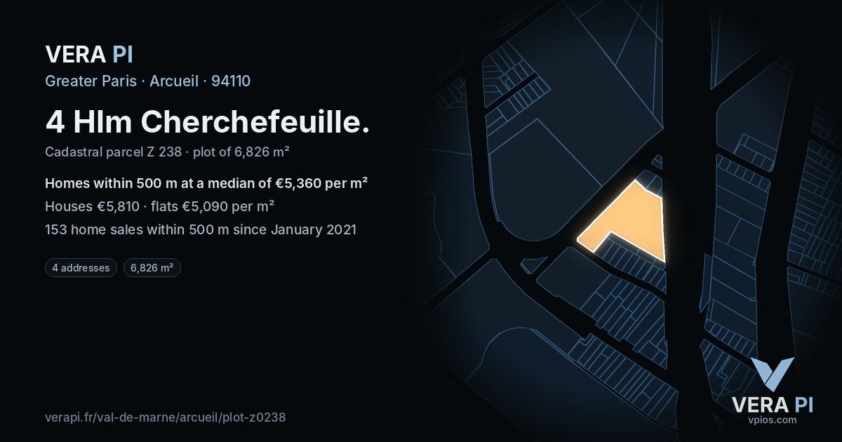 4 Hlm Cherchefeuille, Arcueil at night – the plot lit, the parcels around coloured by the prices near them