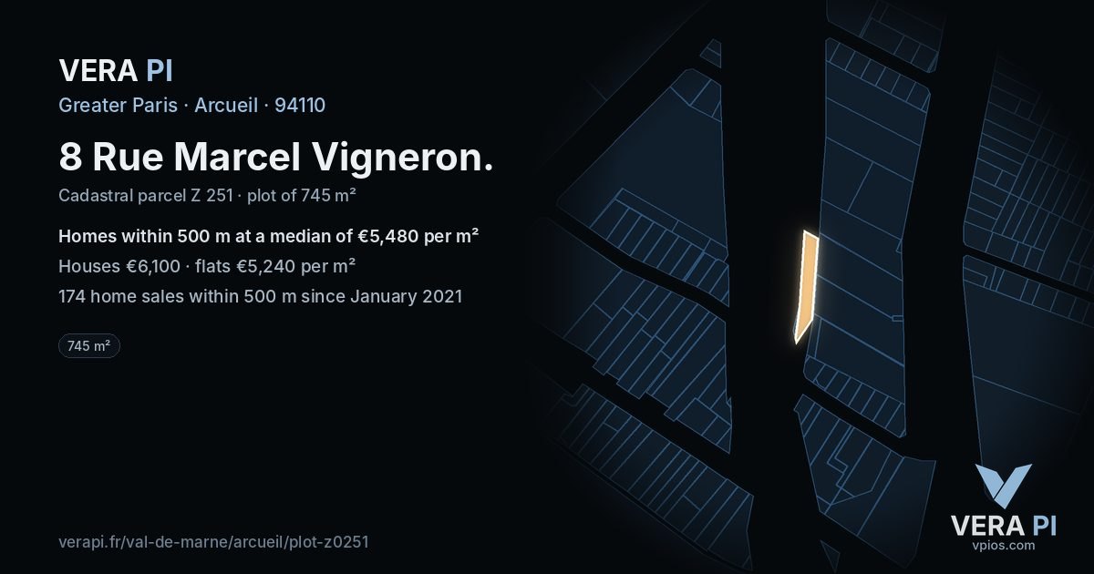 8 Rue Marcel Vigneron, Arcueil at night – the plot lit, the parcels around coloured by the prices near them