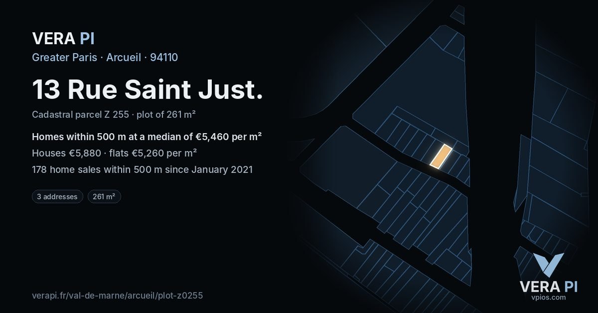 13 Rue Saint Just, Arcueil at night – the plot lit, the parcels around coloured by the prices near them