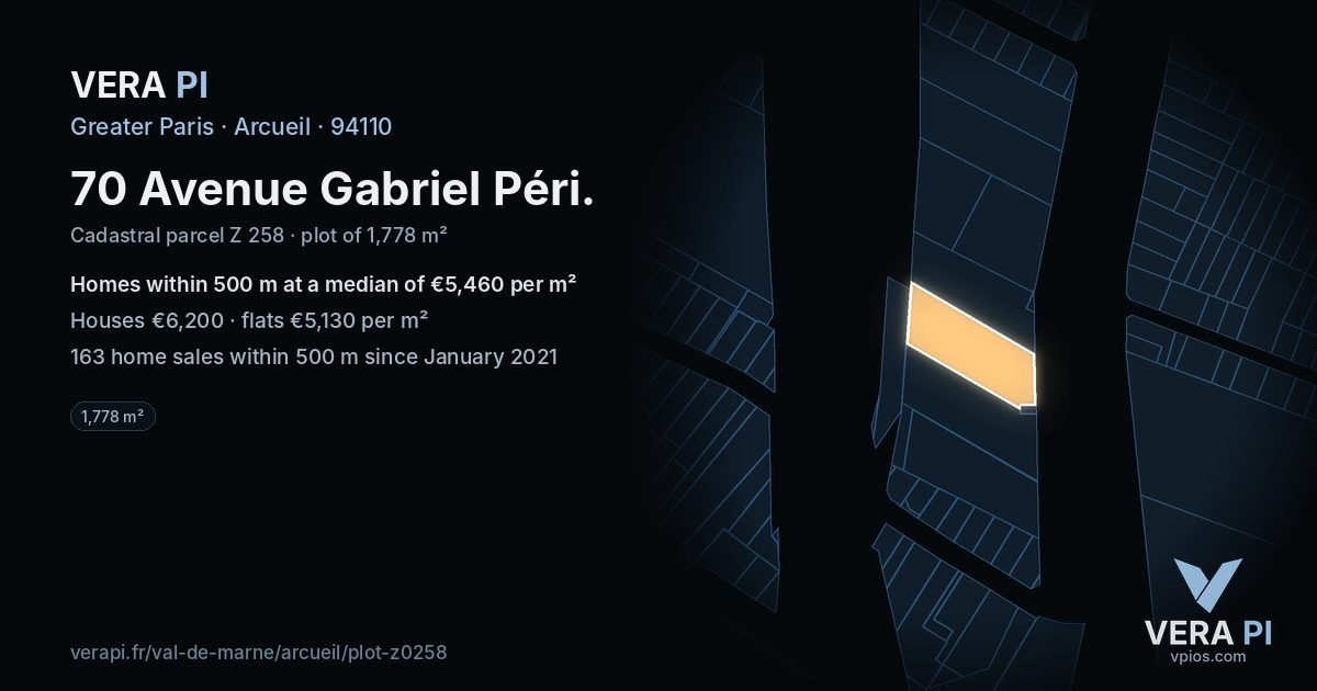 70 Avenue Gabriel Péri, Arcueil at night – the plot lit, the parcels around coloured by the prices near them