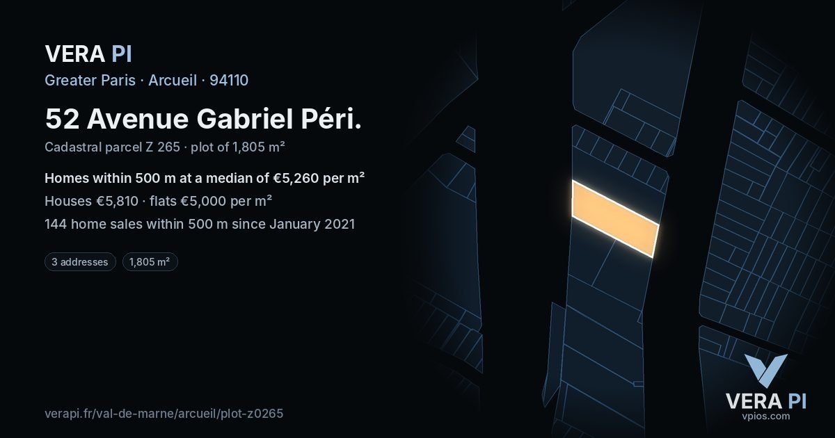 52 Avenue Gabriel Péri, Arcueil at night – the plot lit, the parcels around coloured by the prices near them