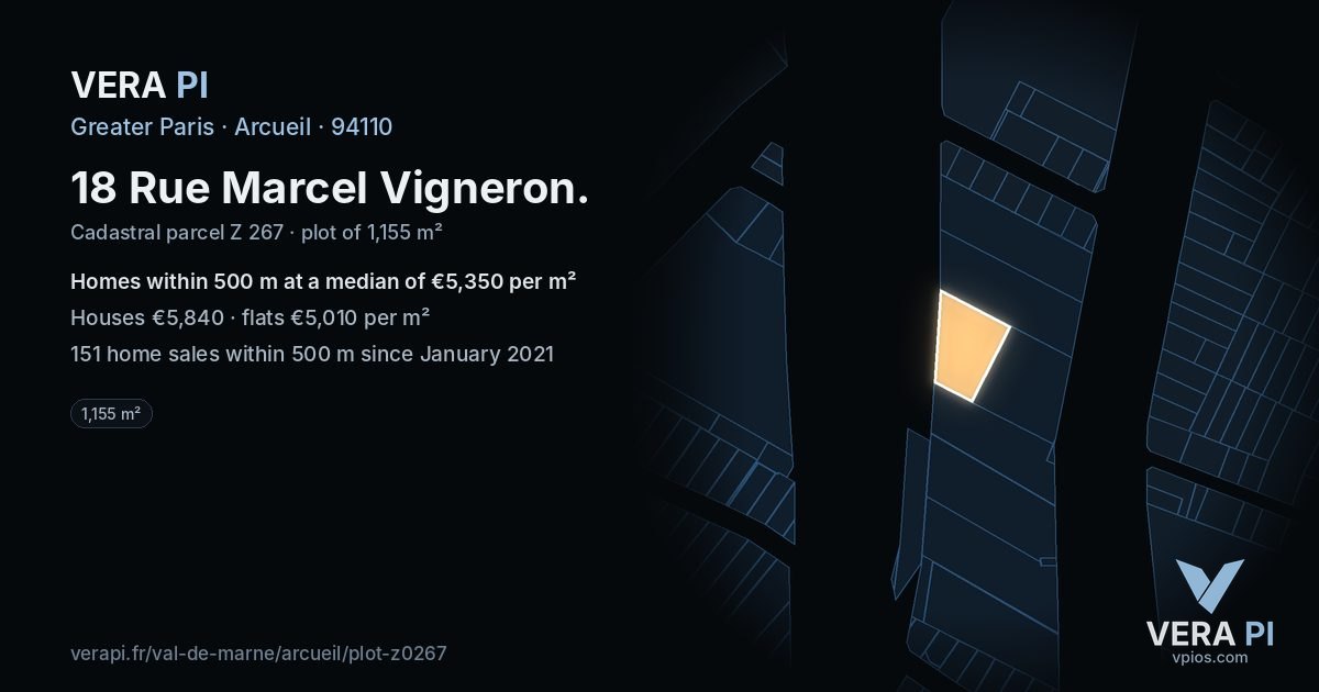 18 Rue Marcel Vigneron, Arcueil at night – the plot lit, the parcels around coloured by the prices near them