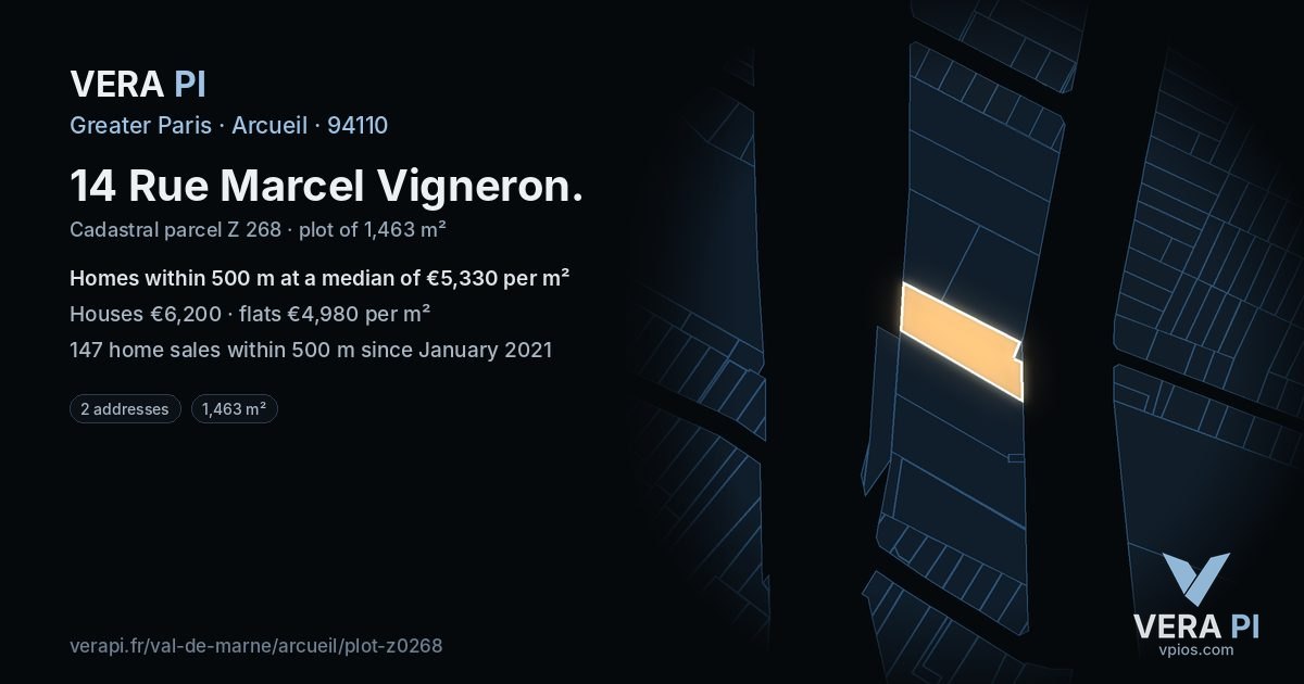 14 Rue Marcel Vigneron, Arcueil at night – the plot lit, the parcels around coloured by the prices near them