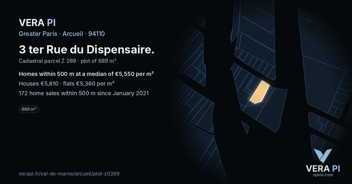 3 ter Rue du Dispensaire, Arcueil at night – the plot lit, the parcels around coloured by the prices near them