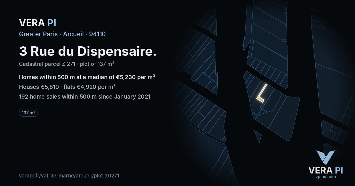 3 Rue du Dispensaire, Arcueil at night – the plot lit, the parcels around coloured by the prices near them