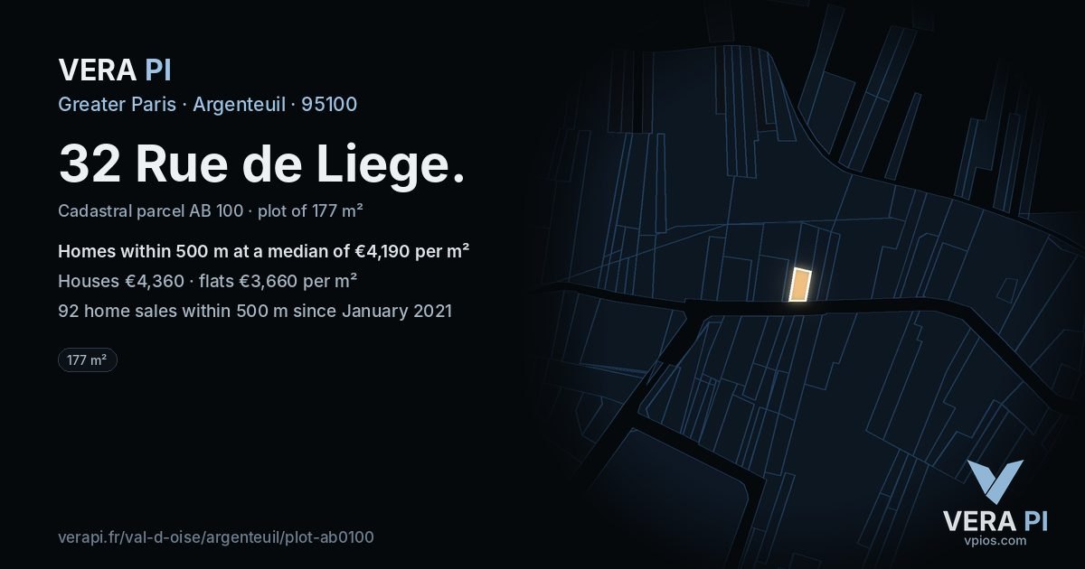32 Rue de Liege, Argenteuil at night – the plot lit, the parcels around coloured by the prices near them