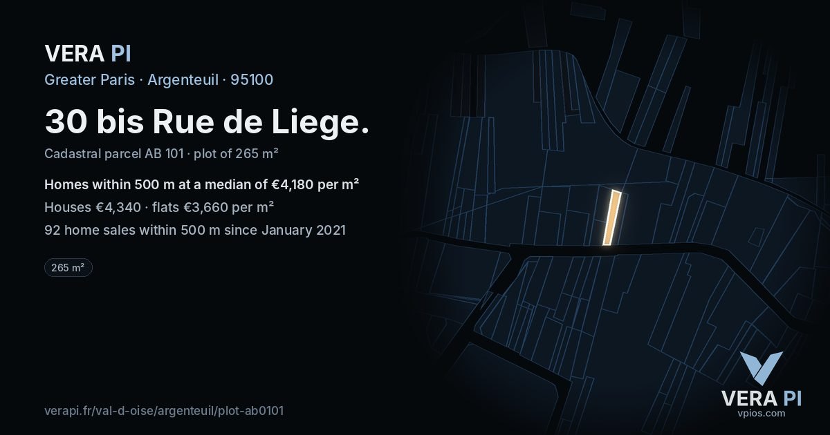 30 bis Rue de Liege, Argenteuil at night – the plot lit, the parcels around coloured by the prices near them