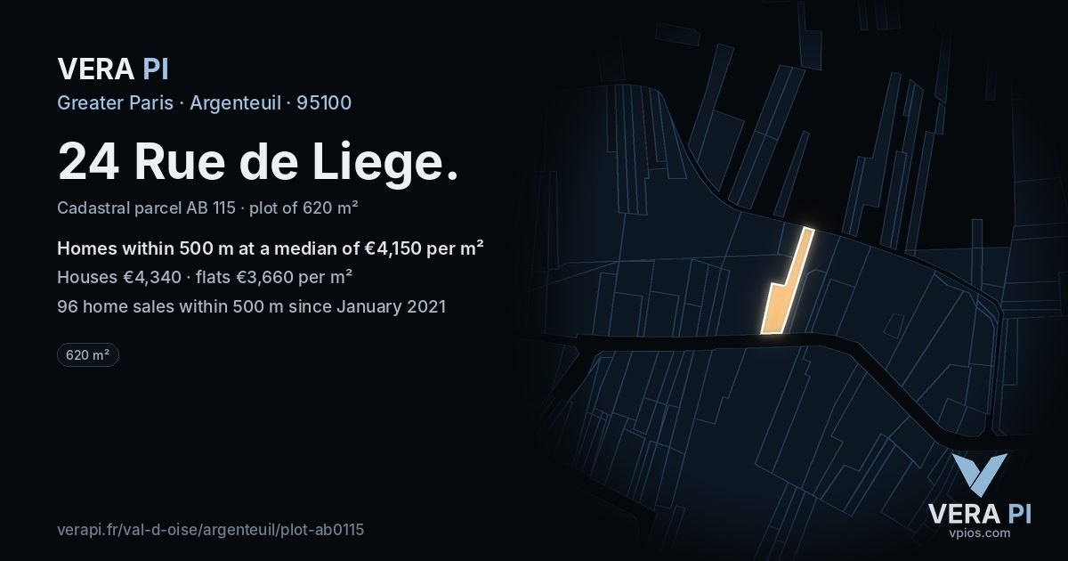 24 Rue de Liege, Argenteuil at night – the plot lit, the parcels around coloured by the prices near them