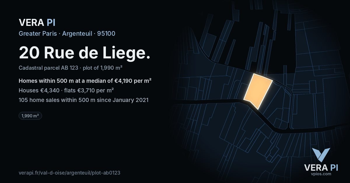 20 Rue de Liege, Argenteuil at night – the plot lit, the parcels around coloured by the prices near them