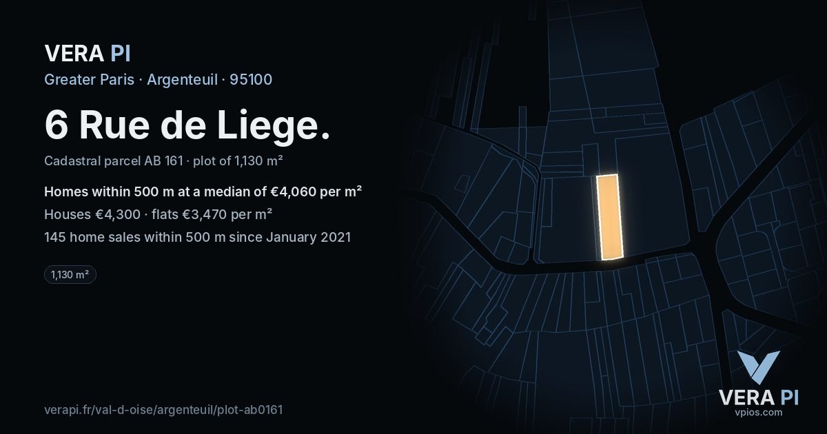 6 Rue de Liege, Argenteuil at night – the plot lit, the parcels around coloured by the prices near them