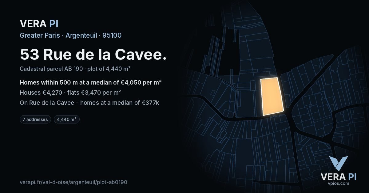 53 Rue de la Cavee, Argenteuil at night – the plot lit, the parcels around coloured by the prices near them
