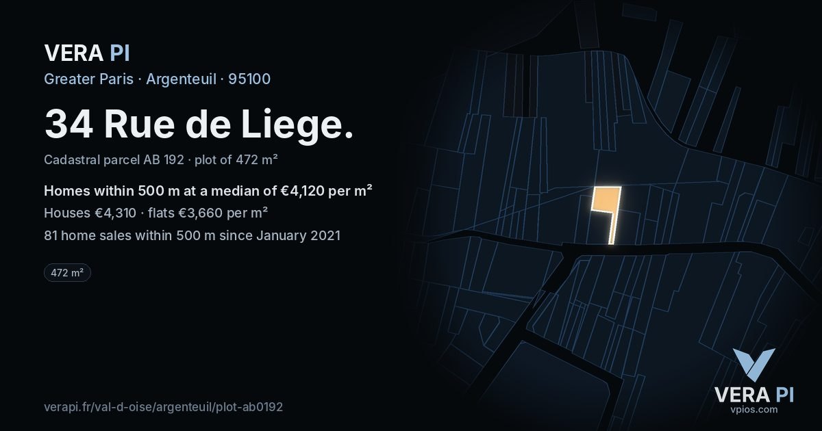 34 Rue de Liege, Argenteuil at night – the plot lit, the parcels around coloured by the prices near them
