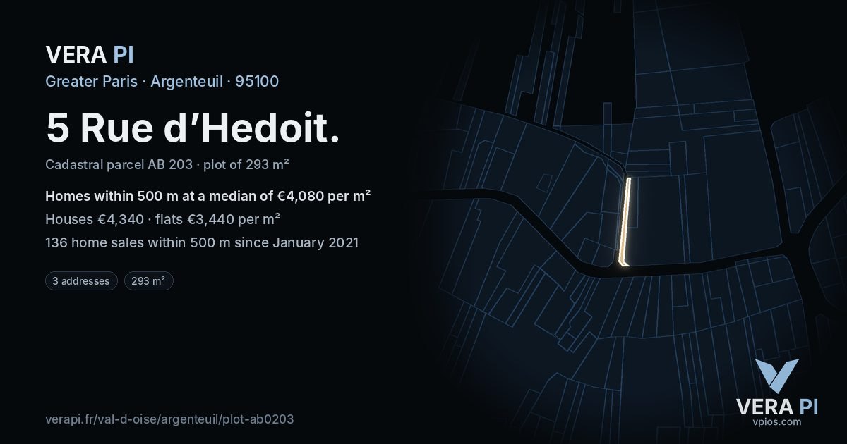 5 Rue d’Hedoit, Argenteuil at night – the plot lit, the parcels around coloured by the prices near them